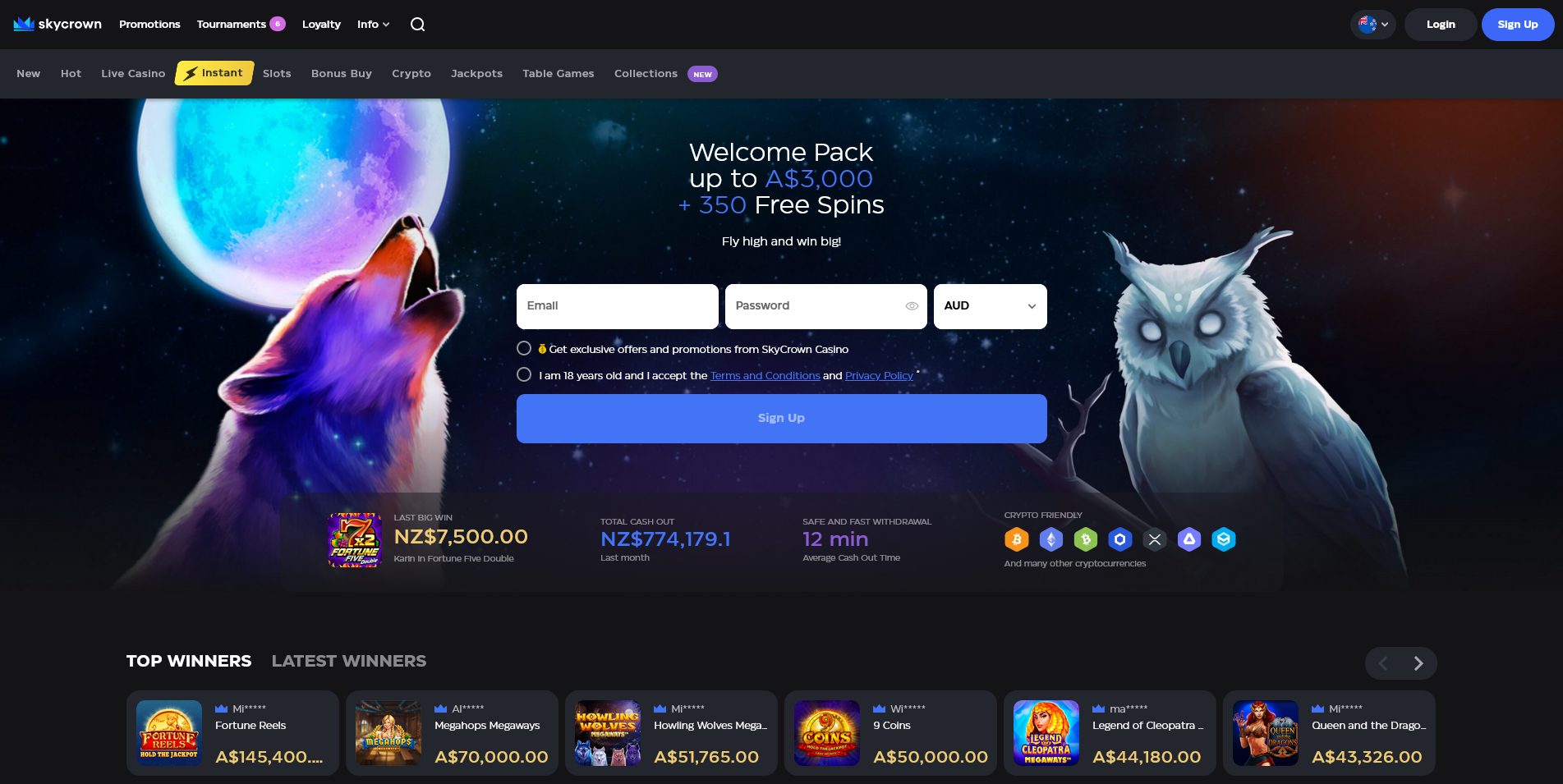 Screenshot of the SkyCrown Casino home page