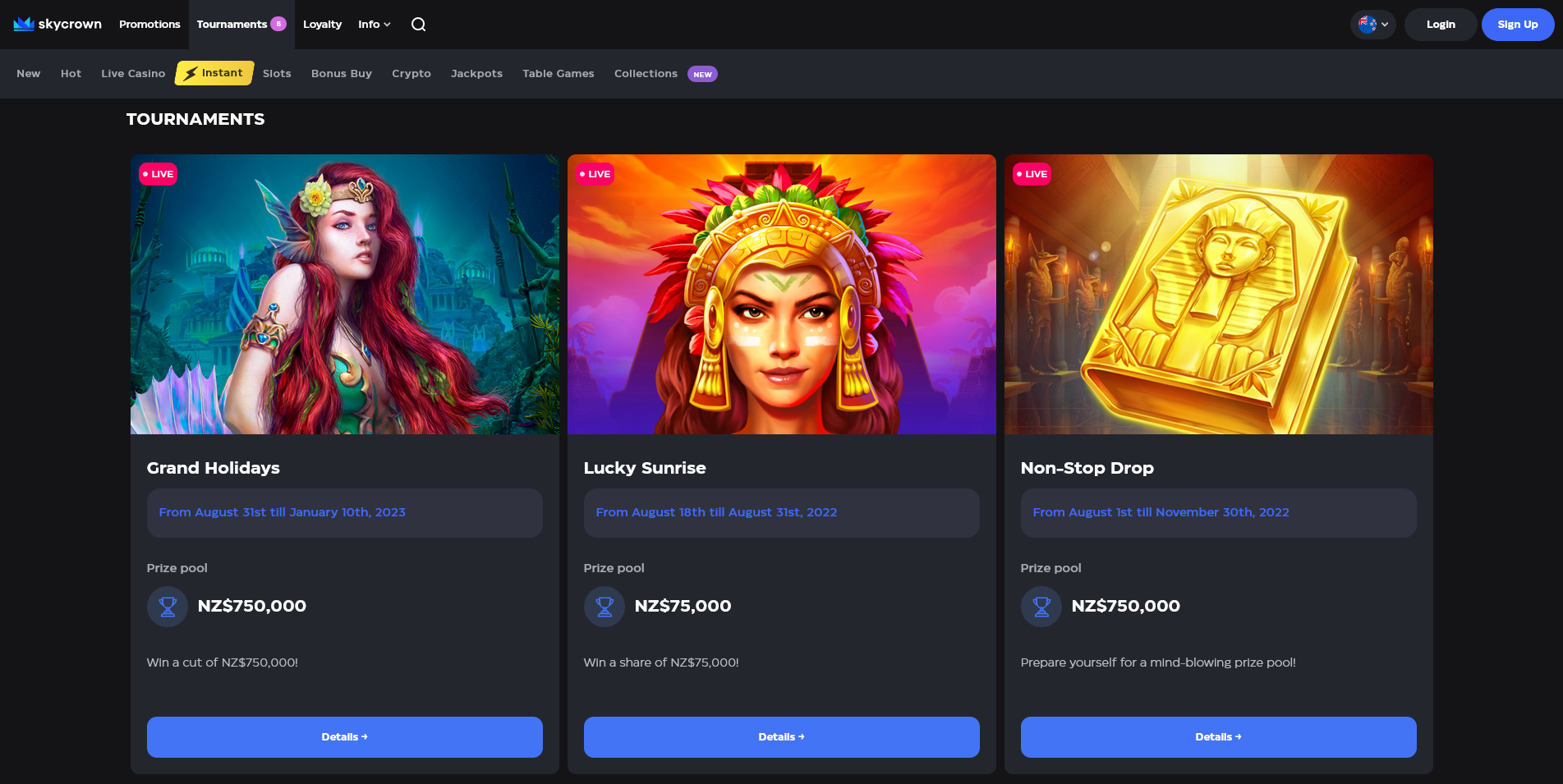 Screenshot of the SkyCrown Casino tournaments page