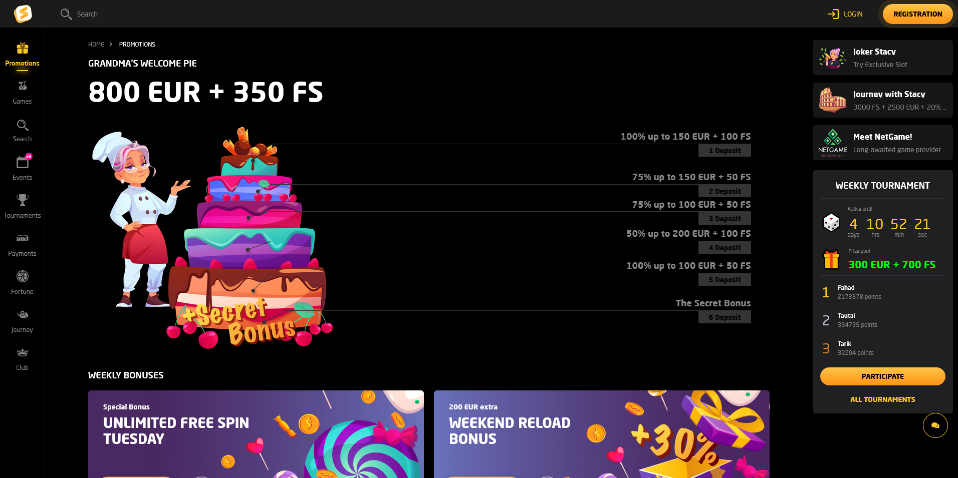 Screenshot of the Stay Casino promotions page