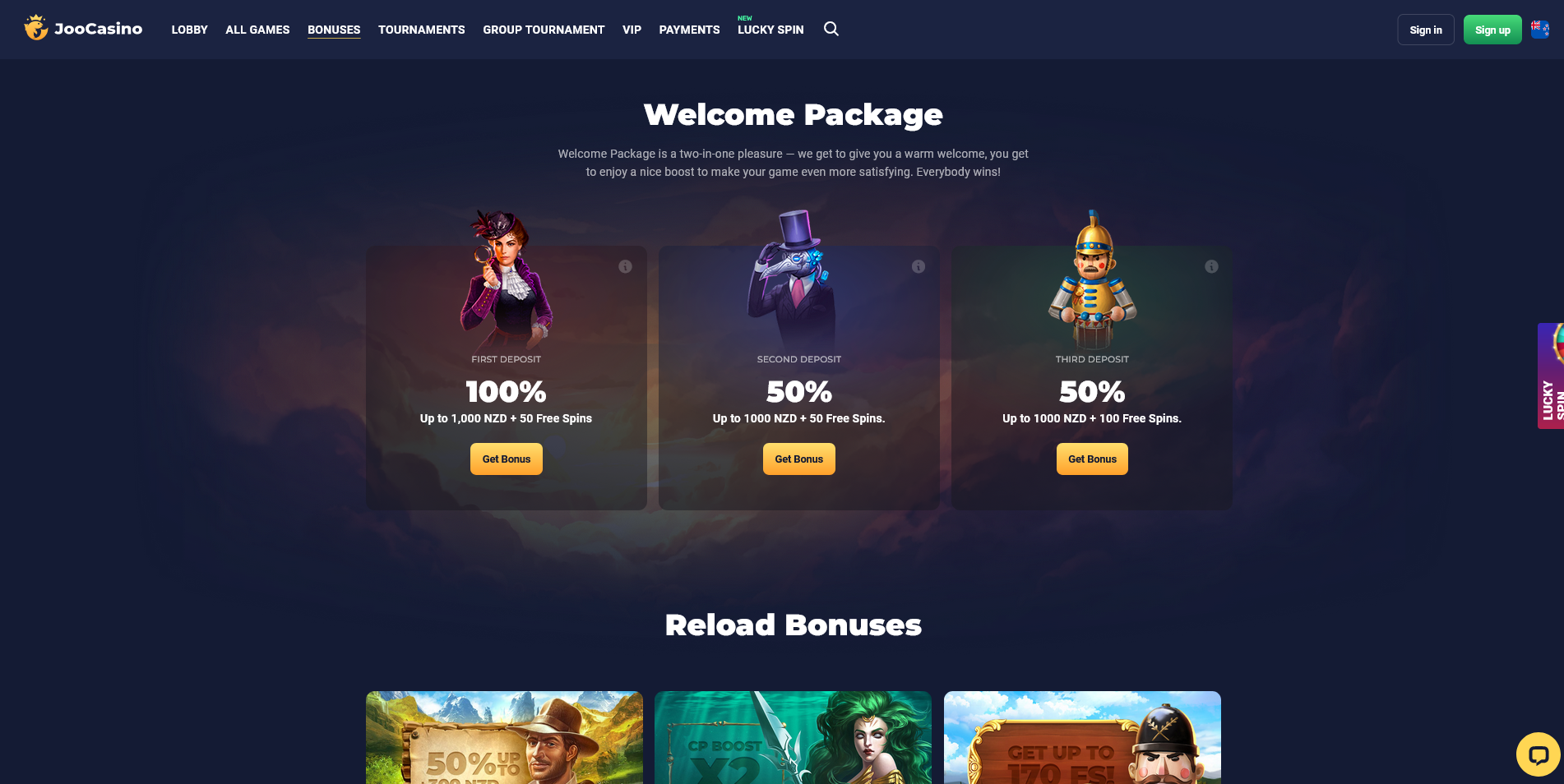 Screenshot of the Joo Casino promotions page