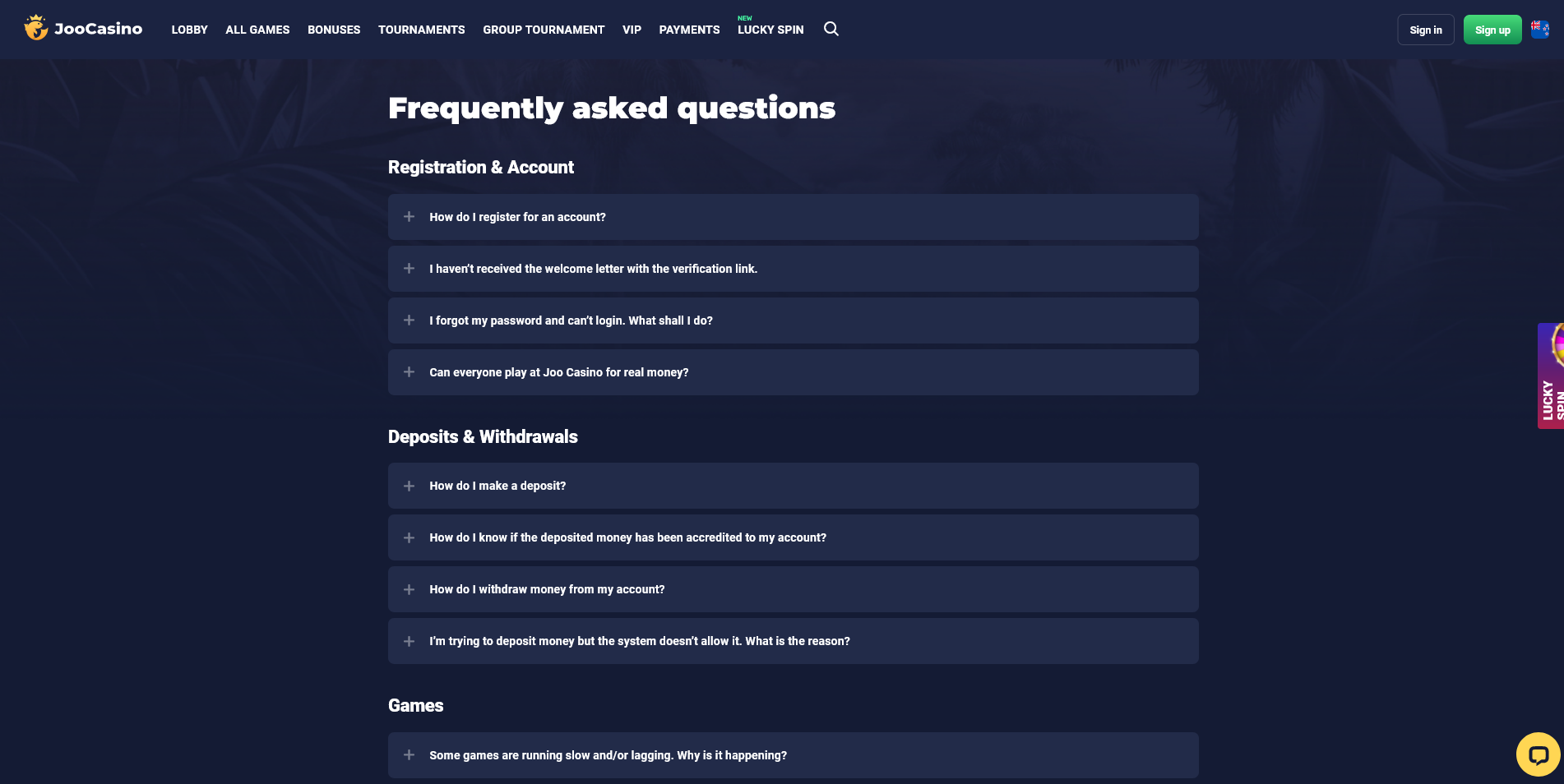 Screenshot of the Joo Casino faq page
