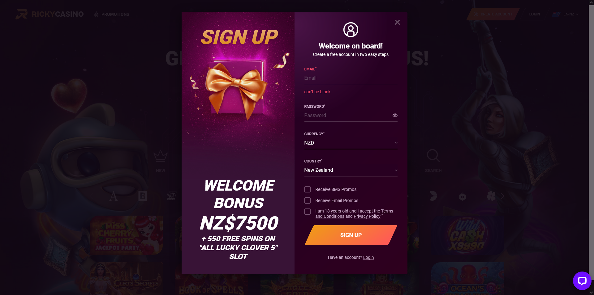 Screenshot of the Ricky Casino registration page