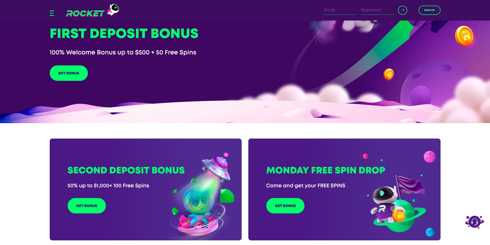 Screenshot of the Casino Rocket promotions info page