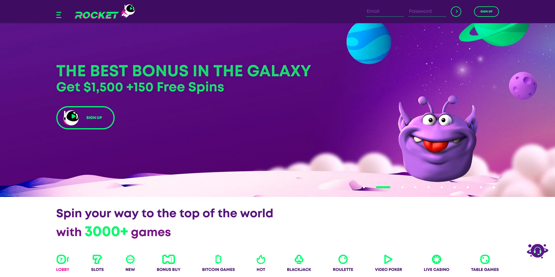 Screenshot of the Casino Rocket home page