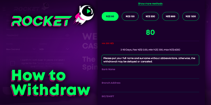 Withdrawing money from Casino Rocket in NZD currency - step-by-step instructions