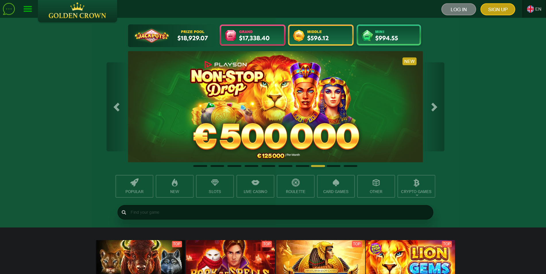 Screenshot of the Golden Crown Casino home page