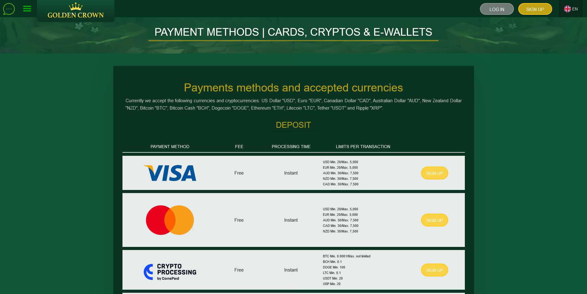 Screenshot of the Golden Crown Casino payment info page