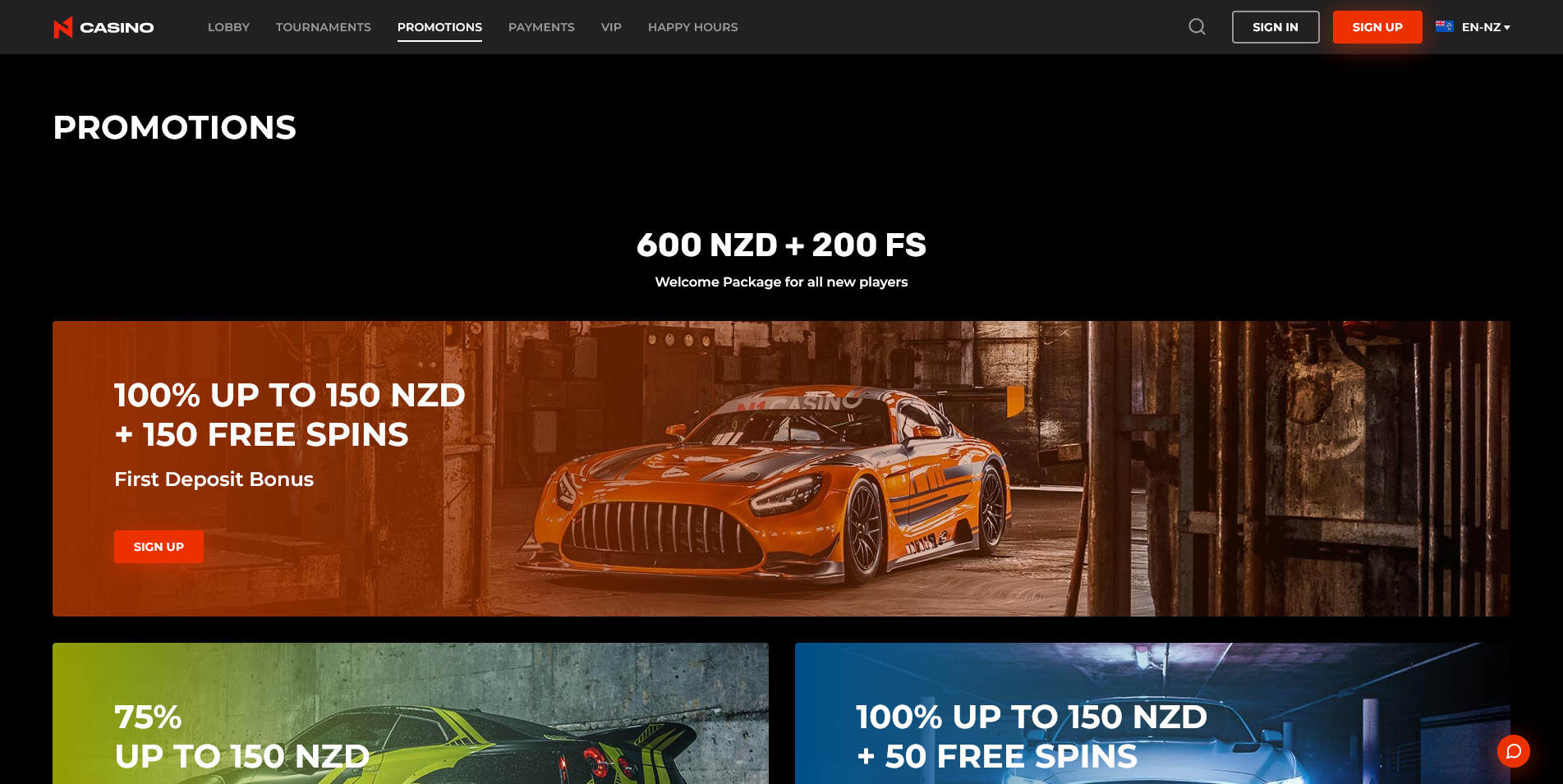 Screenshot of the N1 Casino promotions page