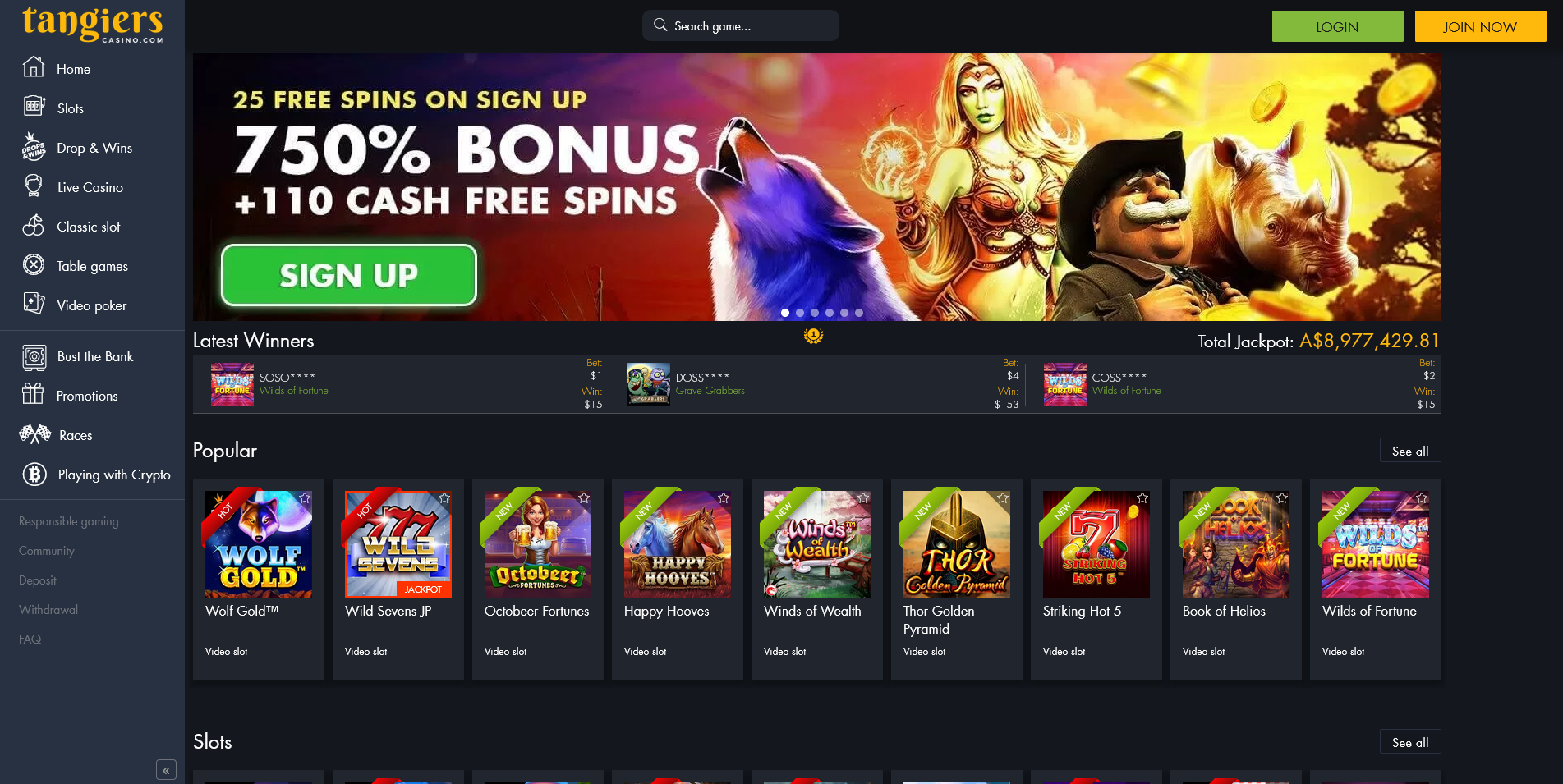 Screenshot of the Tangiers Casino home page