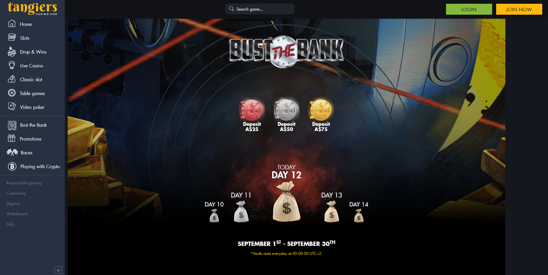 Screenshot of the Tangiers Casino Bonus info page