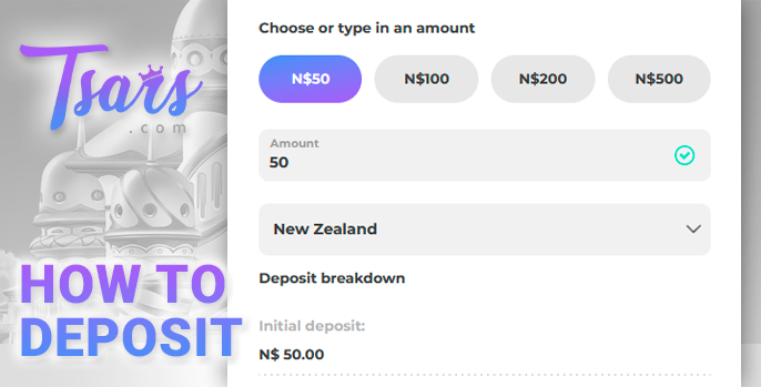 Deposit form for your personal account at Tsars Casino