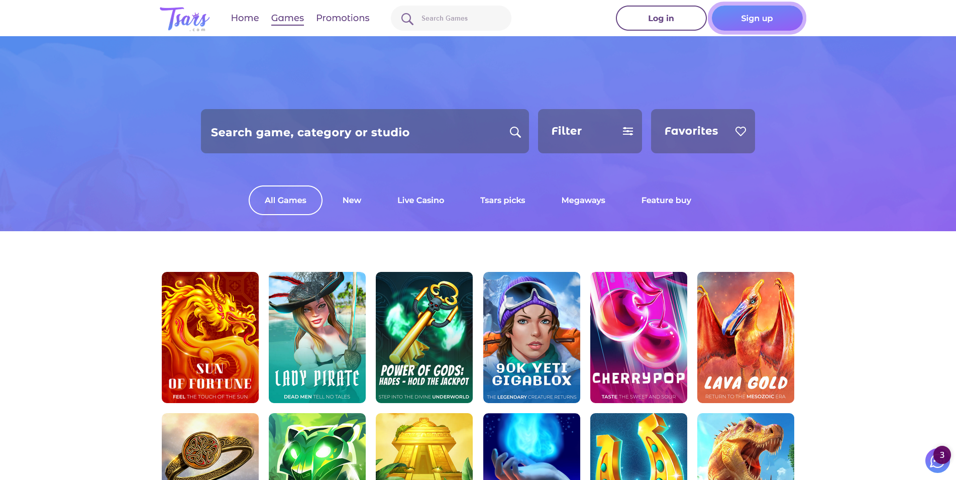 Screenshot of the game section of Tsars Casino