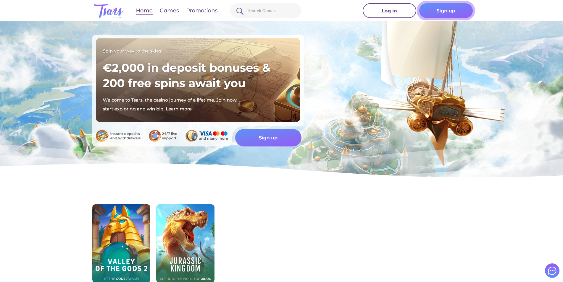 Screenshot of the main page of Tsars Casino