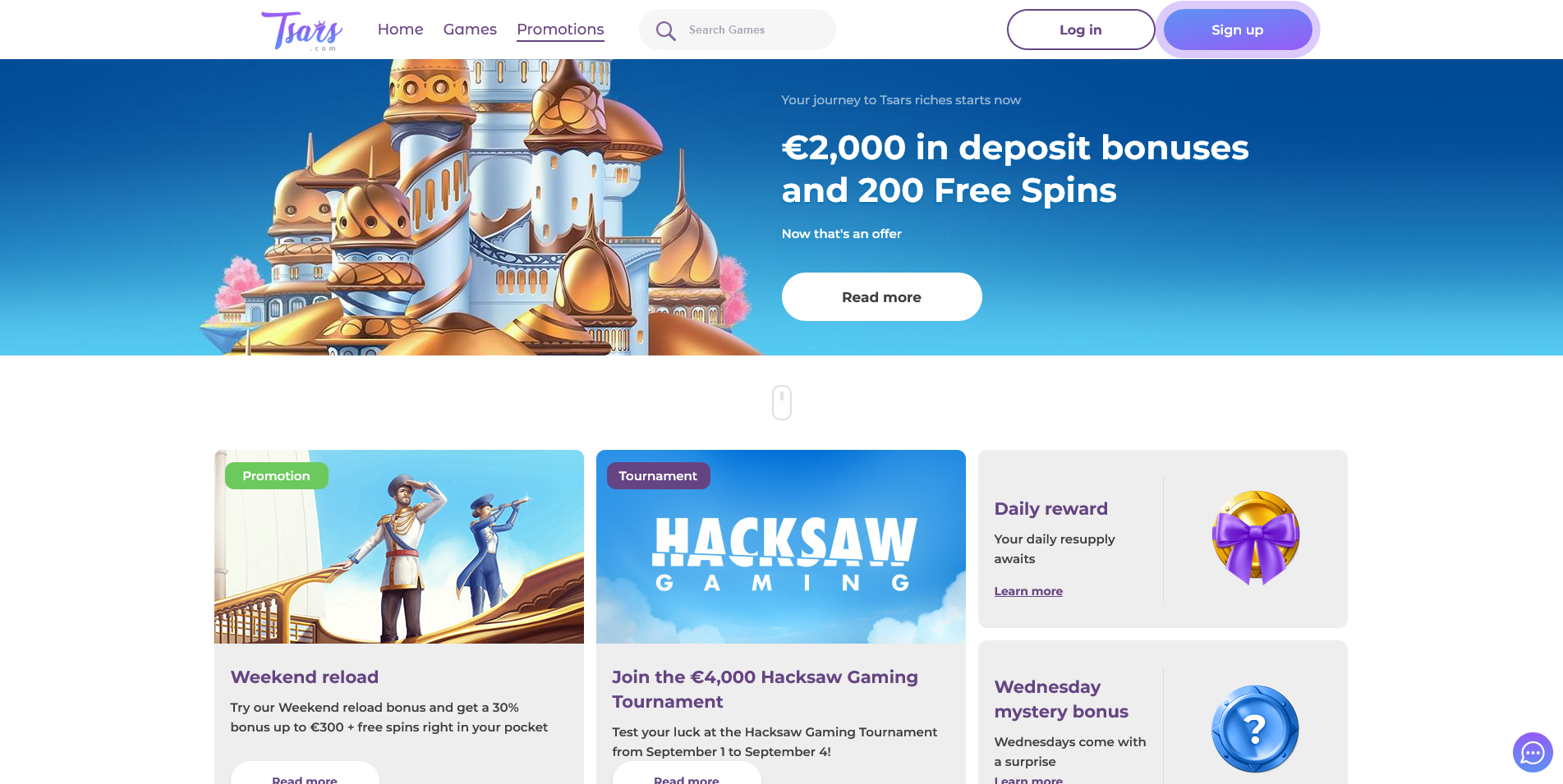 Screenshot of the promotions page of Tsars Casino