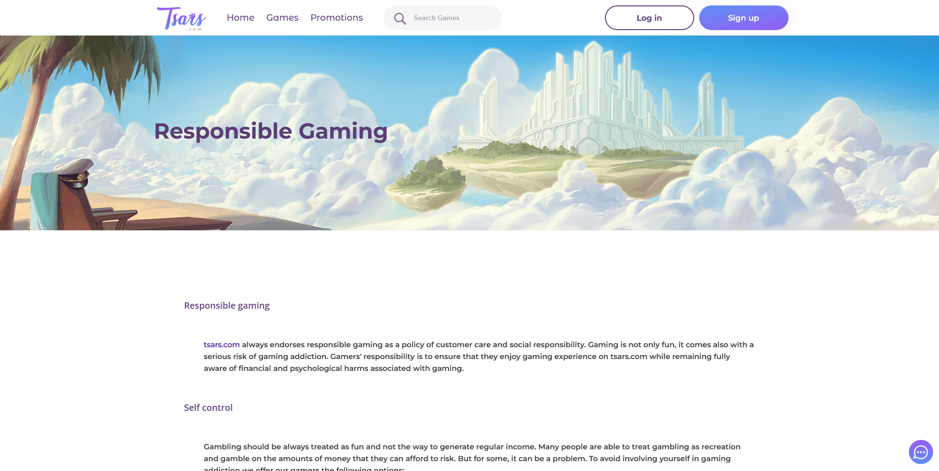 Screenshot of the Responsible Gaming page of Tsars Casino